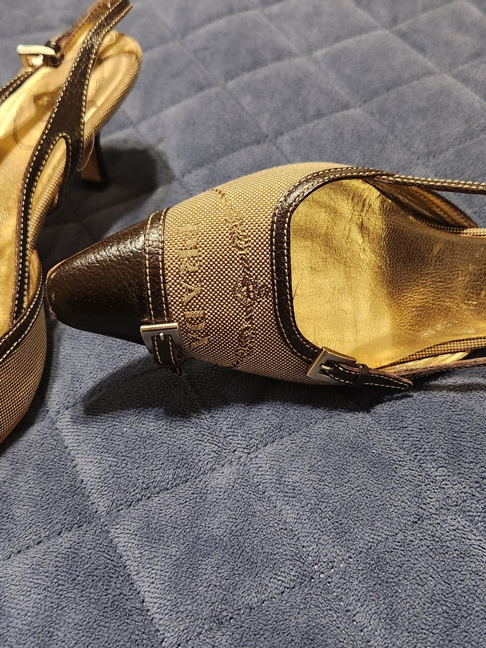 Prada Brown and Gold Pointed Slingback Espadrilles